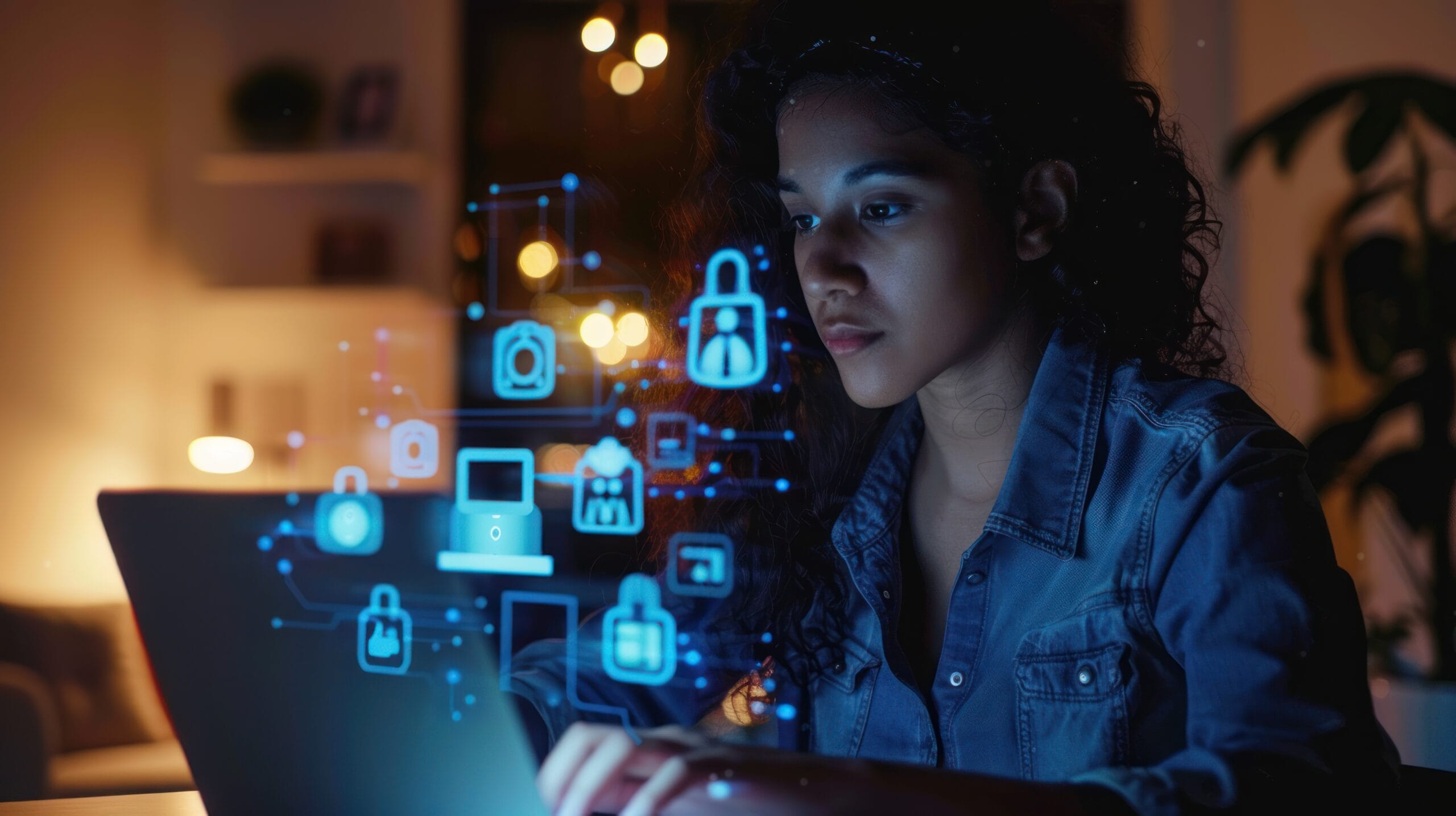 femme utilisant un ordinateur portable avec des icones de securite numerique scaled