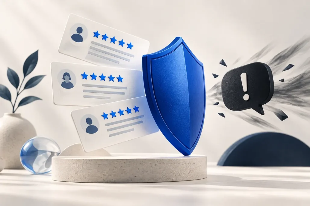 Un bouclier sépare des cartes d’avis clients d’une bulle menaçante.