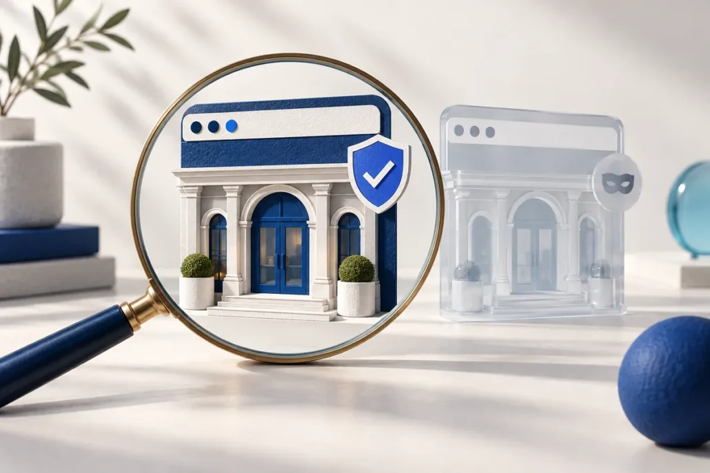 Une loupe distingue un site authentique de sa copie transparente.